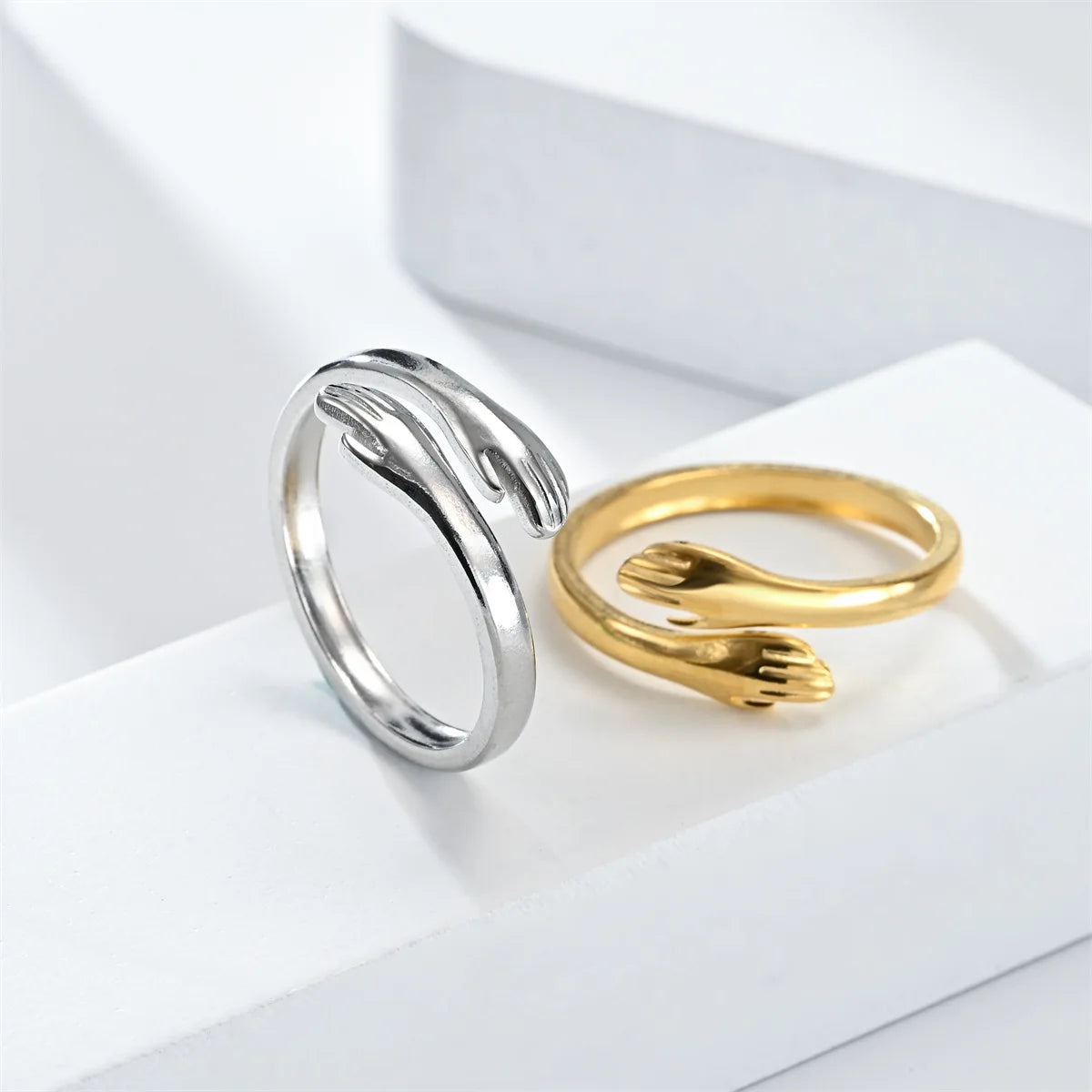 Fashion Hand Hug Rings Women Stainless Steel Gold Silver Color Adjustable Couple Finger Ring Jewelry For Lovers Valentine's Day